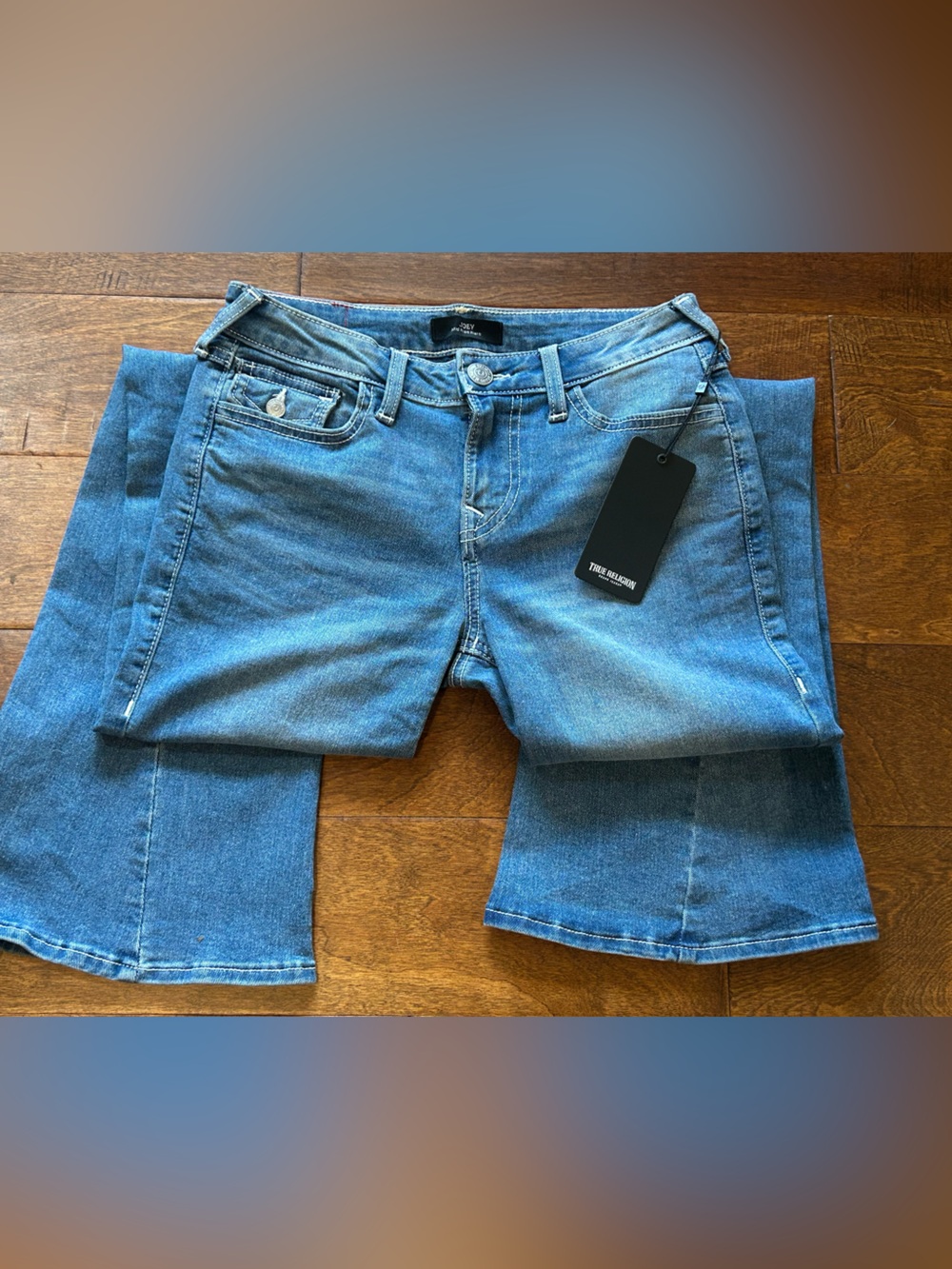 True Religion Womens 26x32 Joey Mid Rise Flap Flare Light Wash Bell Bottom Jeans